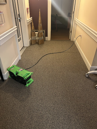 A green air blower is set up in a hallway, ready to dry the carpet.