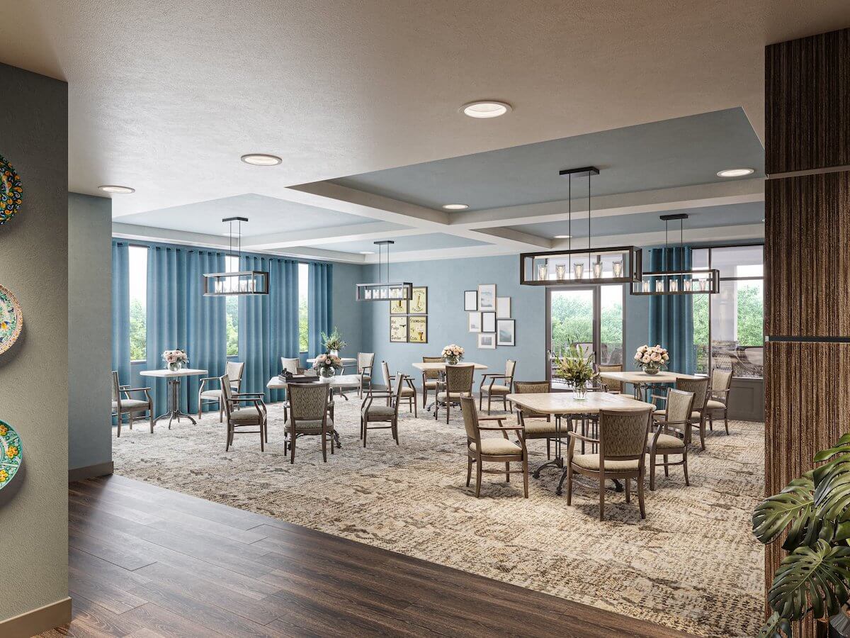 A modern dining area with elegant furnishings and decor.