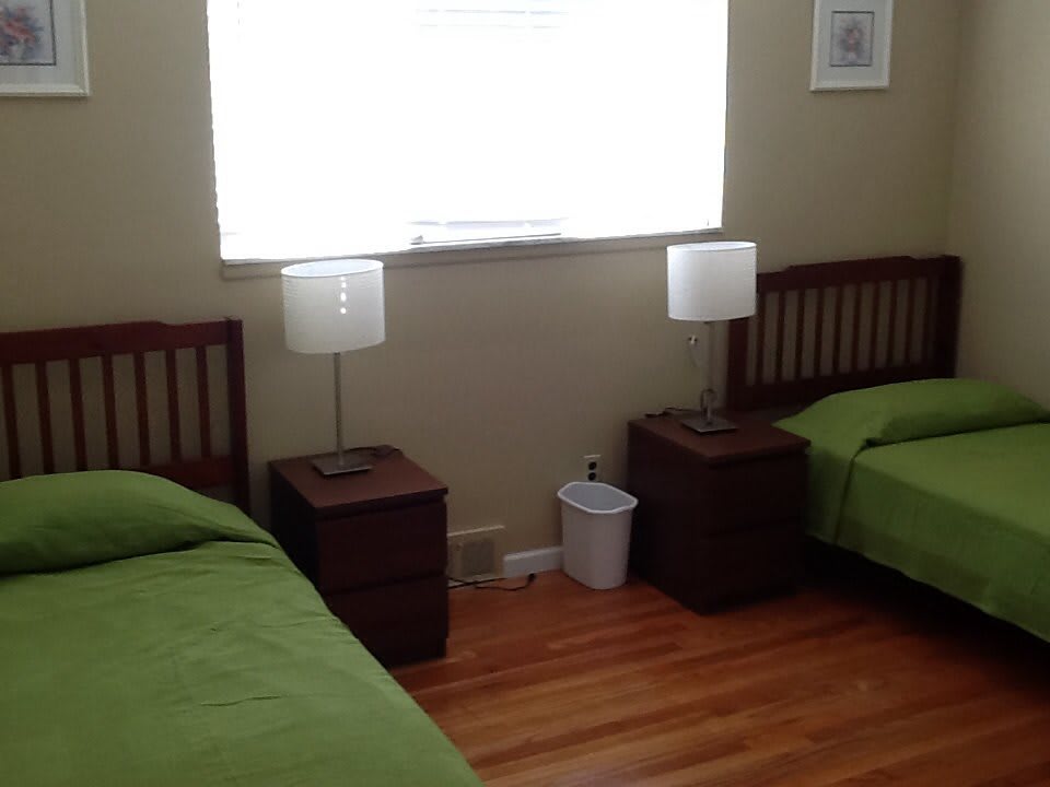 A bedroom with two twin beds featuring green bedding, accompanied by nightstands and lamps, with a window above.