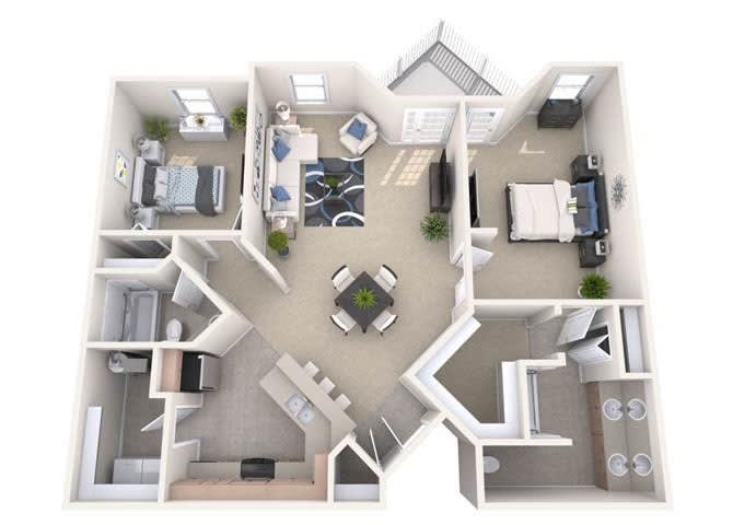 A 3D floor plan of a modern apartment featuring two bedrooms, two bathrooms, a central living area, and an open kitchen.