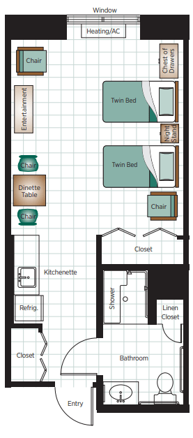 A floor plan of a studio apartment featuring a twin bed, kitchenette, dinette table, and bathroom.