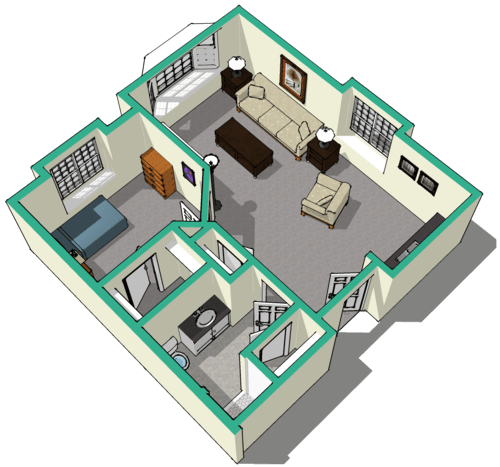 A 3D rendering of a compact apartment floor plan featuring a bedroom, living area, and bathroom.