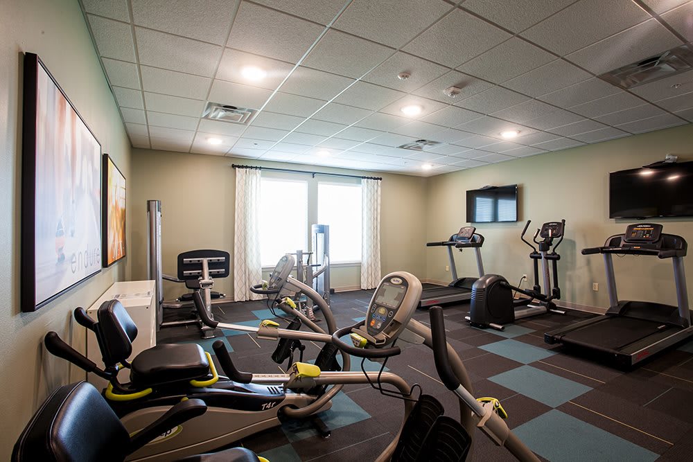 A well-equipped gym with various exercise machines, including treadmills and stationary bikes.