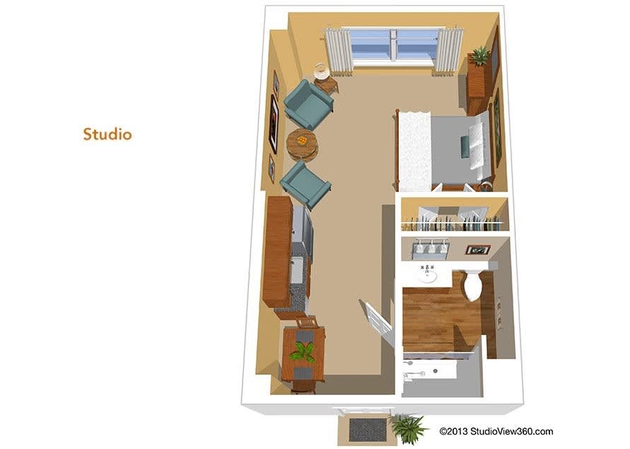 3D floor plan of a studio apartment showcasing furniture layout and interior design.