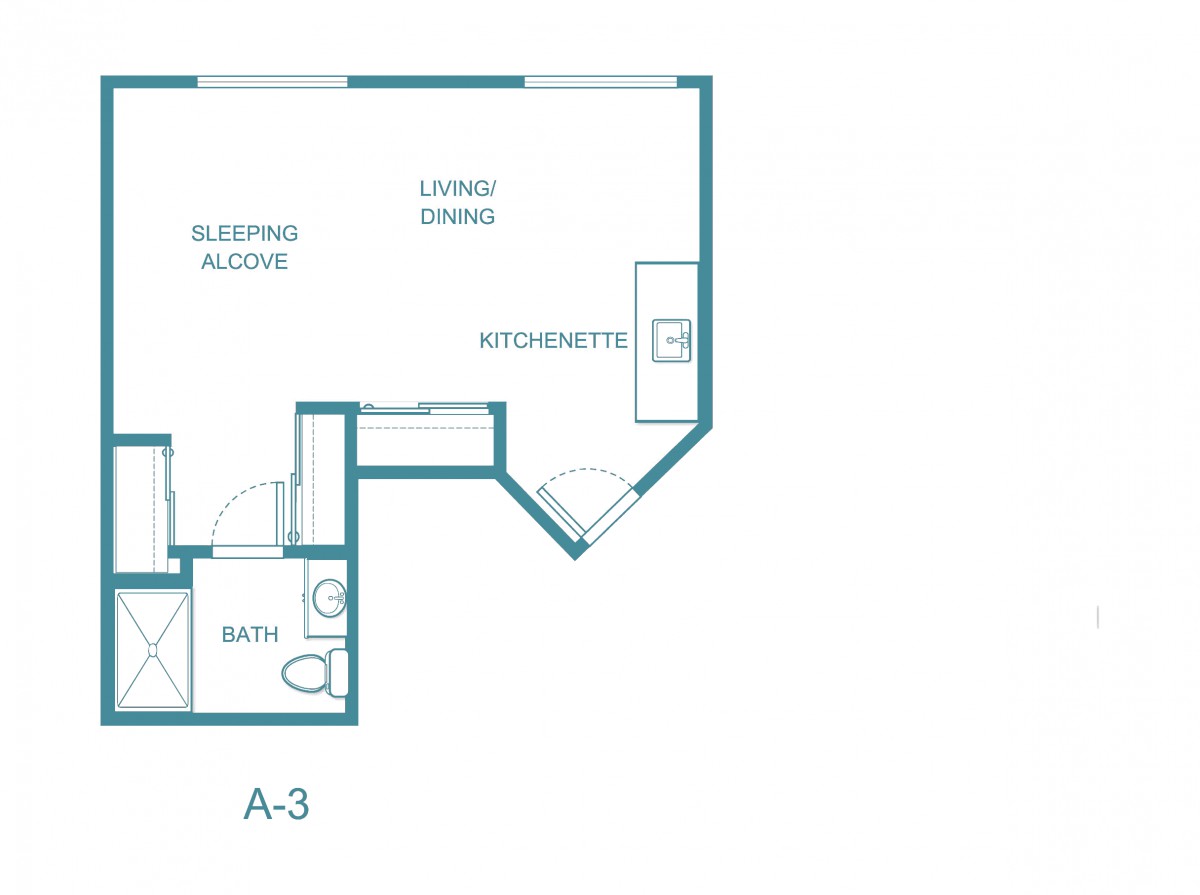 This image shows a floor plan for a studio apartment featuring a living/dining area, kitchenette, and sleeping alcove.