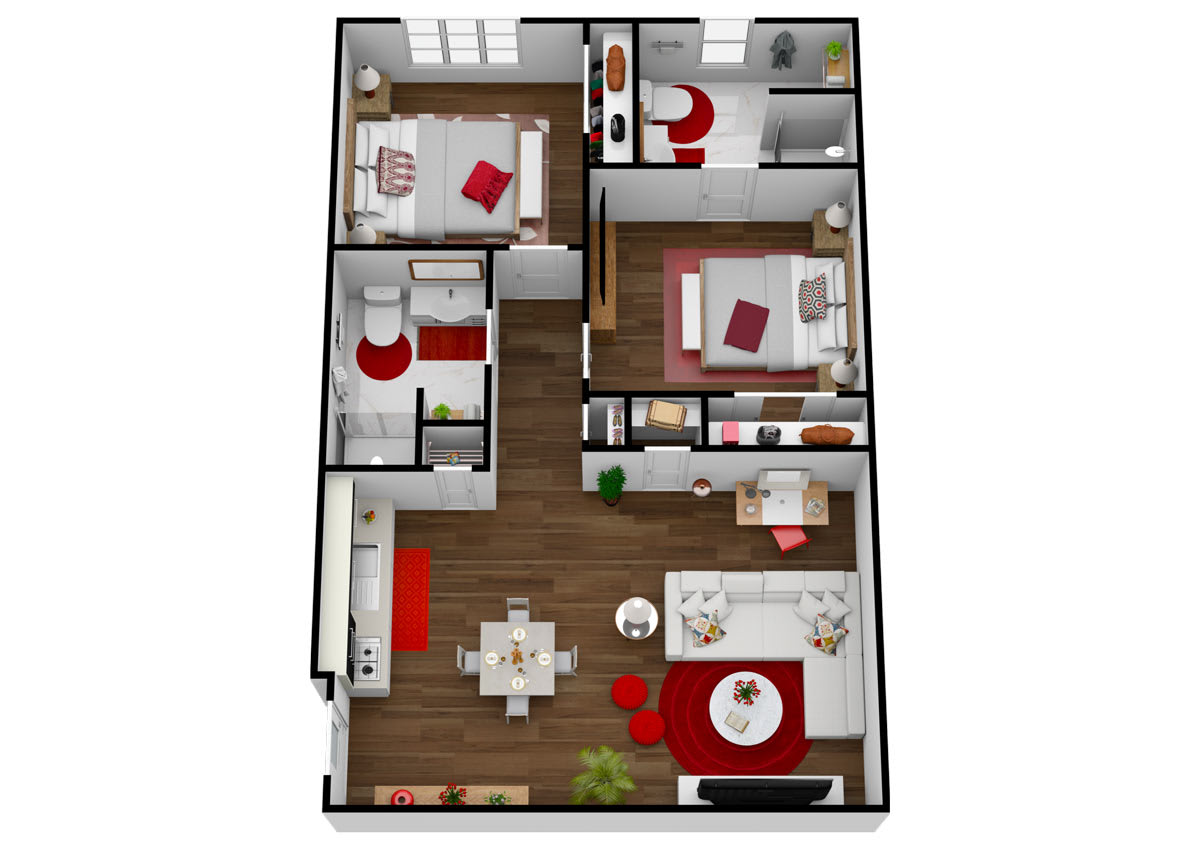 A 3D rendering of an apartment floor plan featuring multiple rooms and furniture layout.