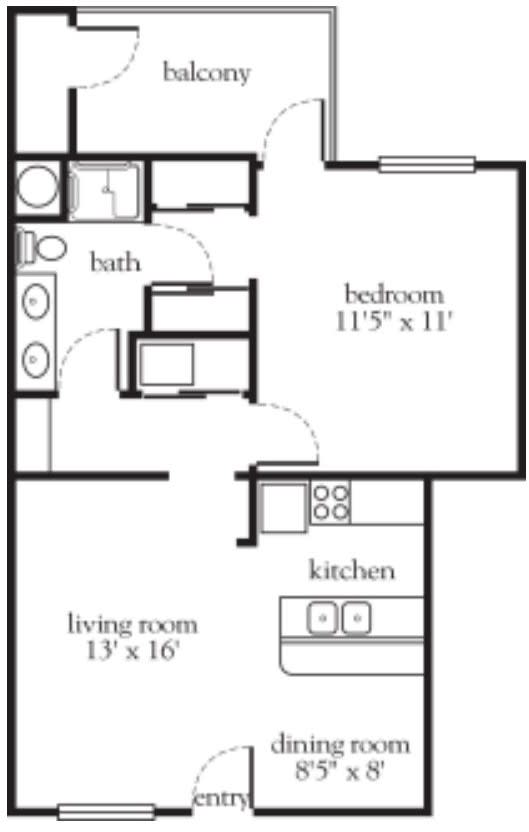 A one-bedroom apartment floor plan featuring a living room, kitchen, bathroom, and bedroom.