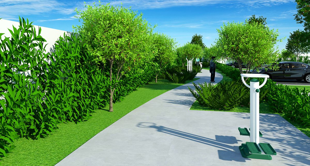 A scenic pathway surrounded by lush greenery and trees.