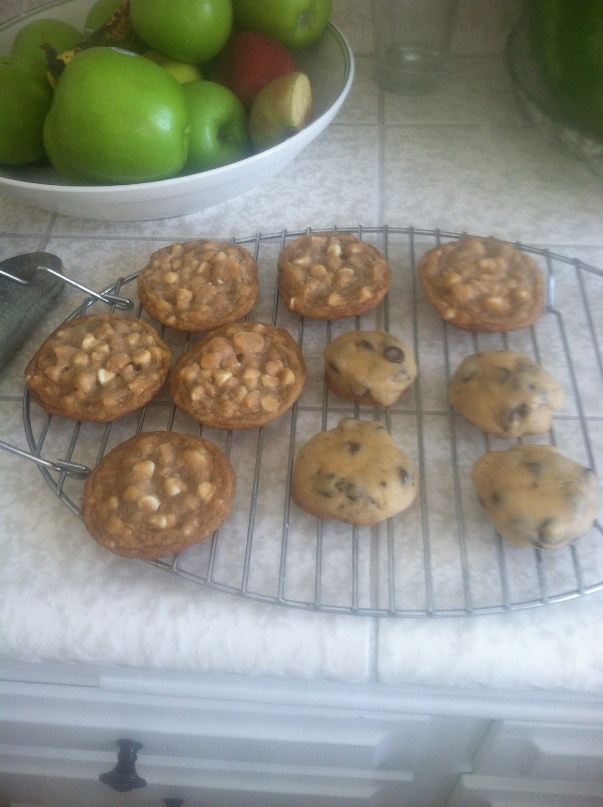 Freshly baked cookies cooling on a wire rack in the kitchen.