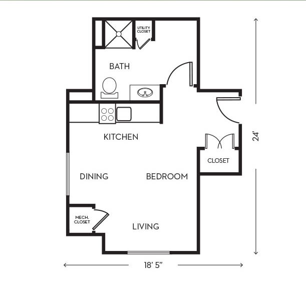 A compact floor plan of an apartment featuring areas for living, dining, kitchen, bedroom, bath, and closet.