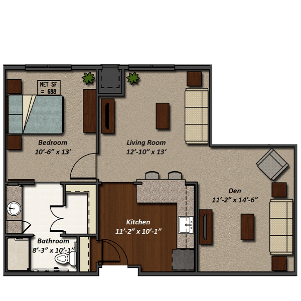 A floor plan of an apartment with one bedroom, living room, kitchen, and bathroom.