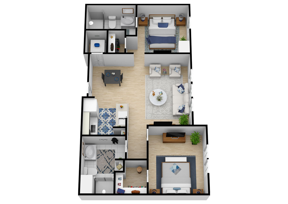 A detailed floor plan of a two-bedroom apartment, showcasing the layout of the living area, kitchen, and bathrooms.