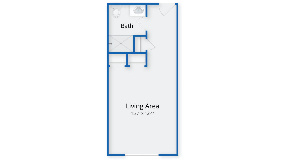 A floor plan showing a living area and a bathroom.