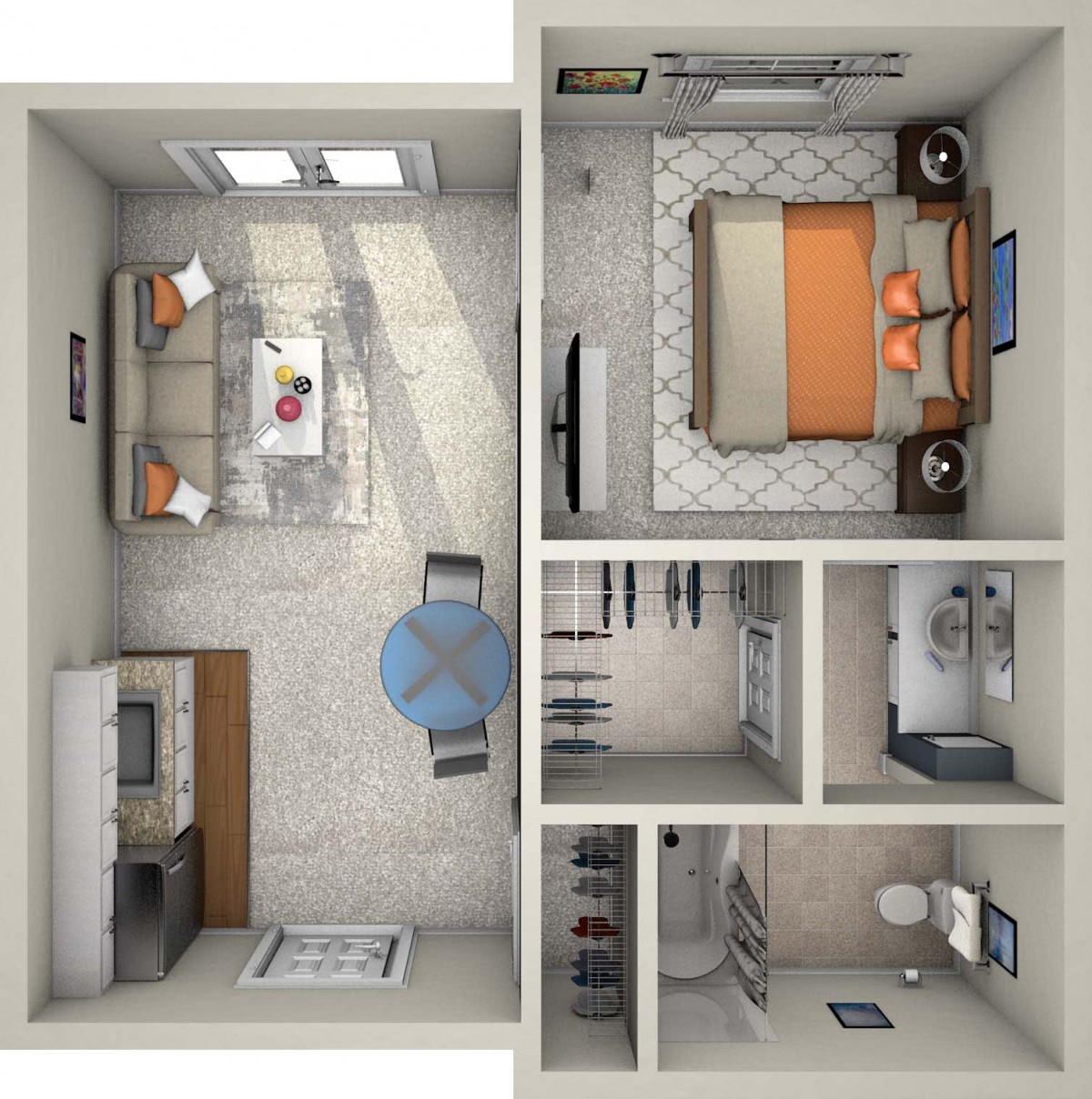 A top-down view of a compact apartment layout featuring a living room, kitchen, bedroom, and bathroom.