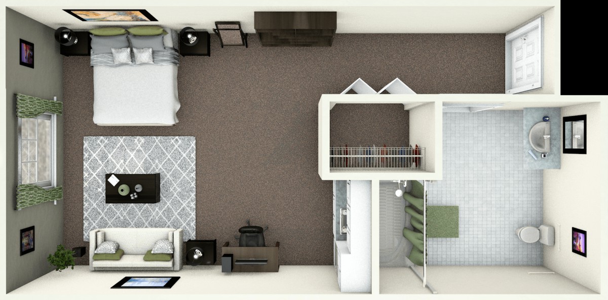 A top-down view of a studio apartment showcasing a compact layout with a bedroom, living area, and storage space.