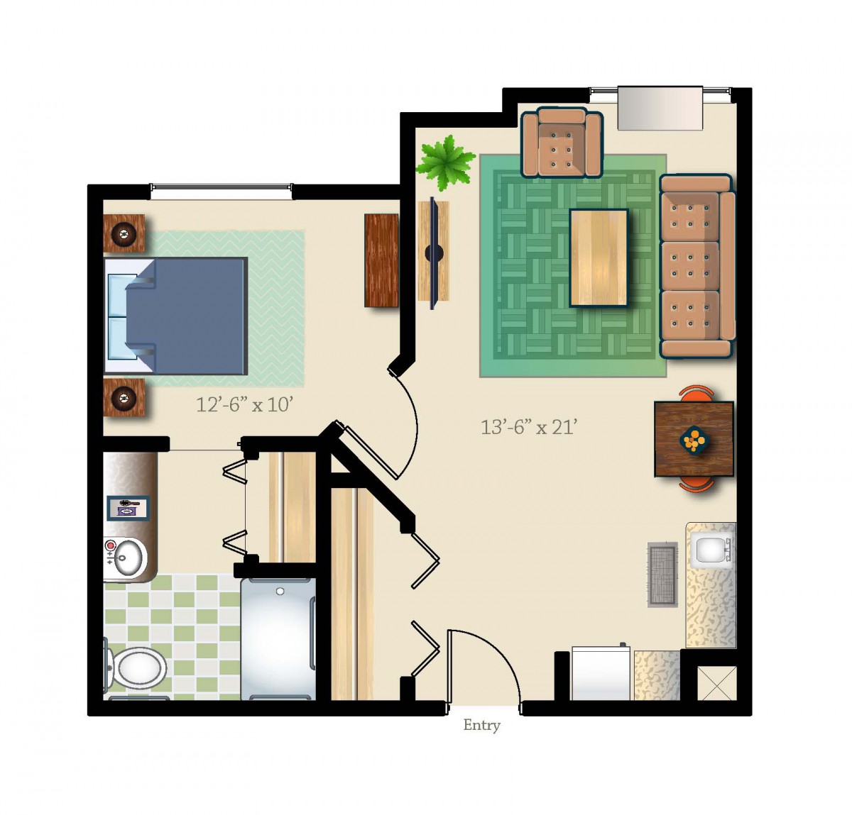 A floor plan of a one-bedroom apartment featuring a living room, bedroom, kitchen, and bathroom.