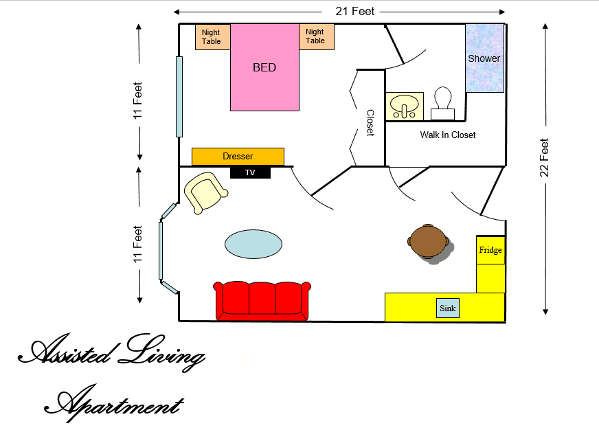 Floor plan of an assisted living apartment featuring bedroom, bathroom, kitchen, and living area.