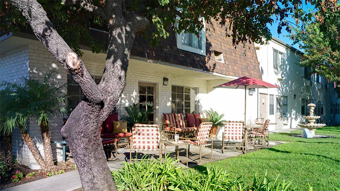 A sunny outdoor area with chairs and tables under umbrellas, surrounded by greenery.