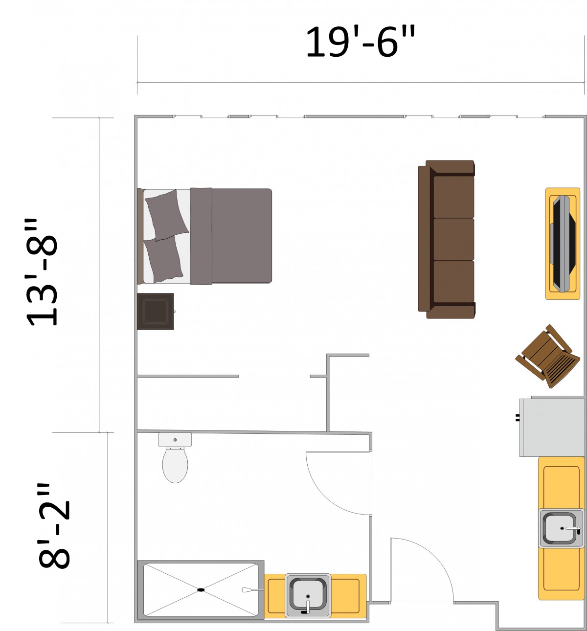 A floor plan depicting a bedroom and living area with dimensions and furniture arrangement.