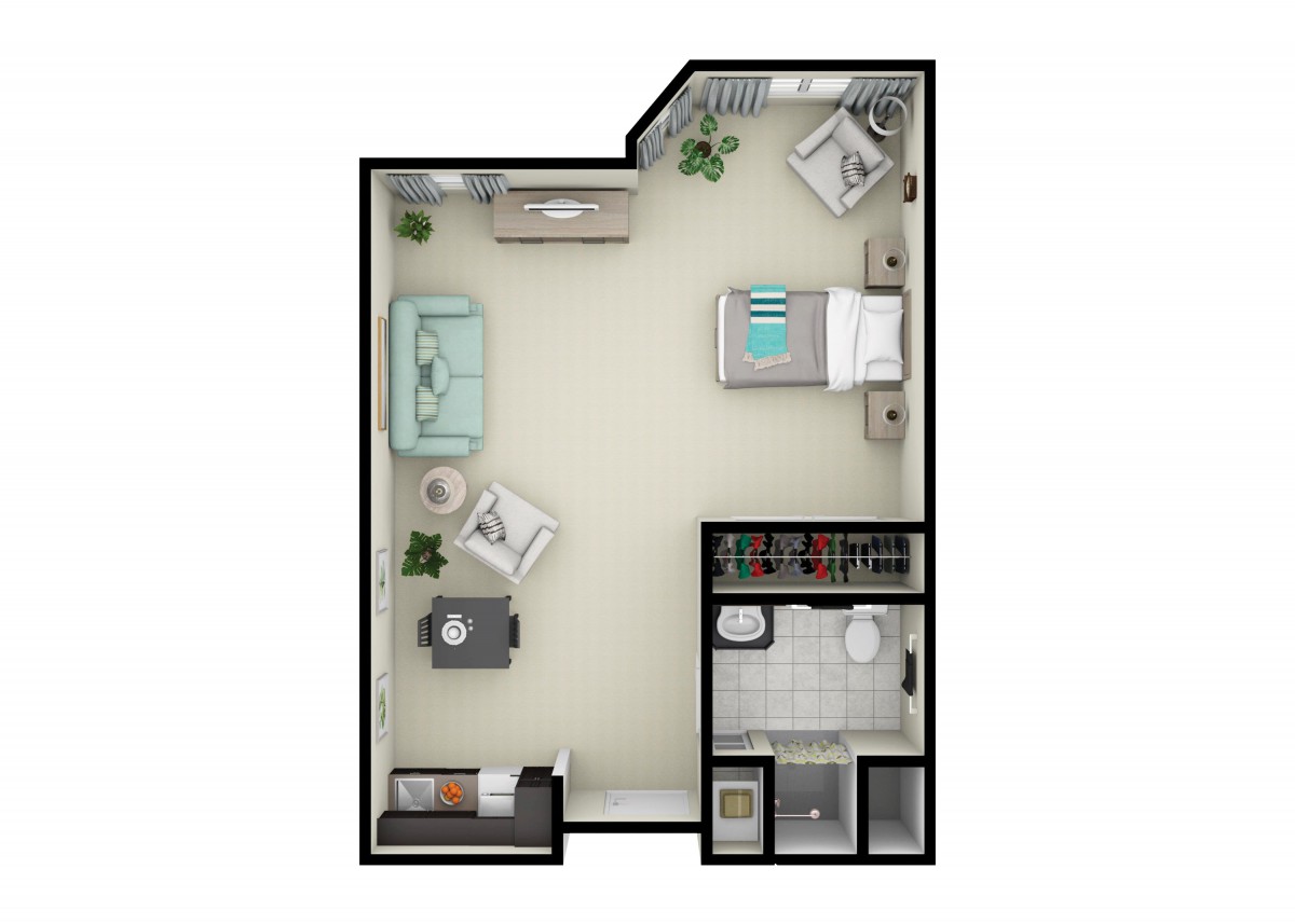 A detailed floor plan of a studio apartment showcasing furniture arrangement and room layout.