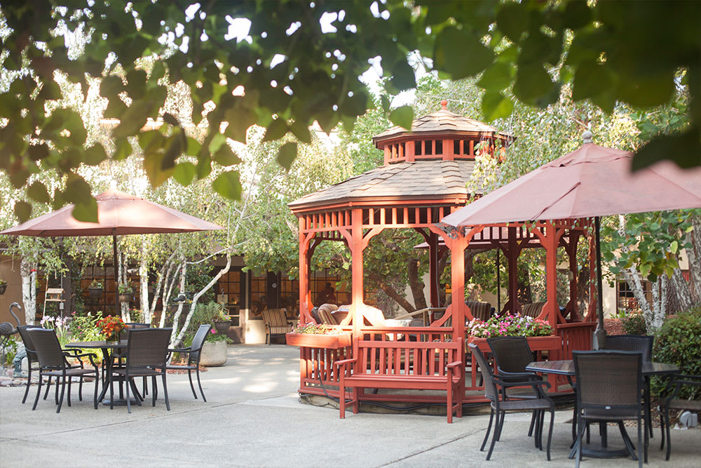 A serene outdoor garden setting featuring wooden gazebos and patio furniture under the shade of trees.