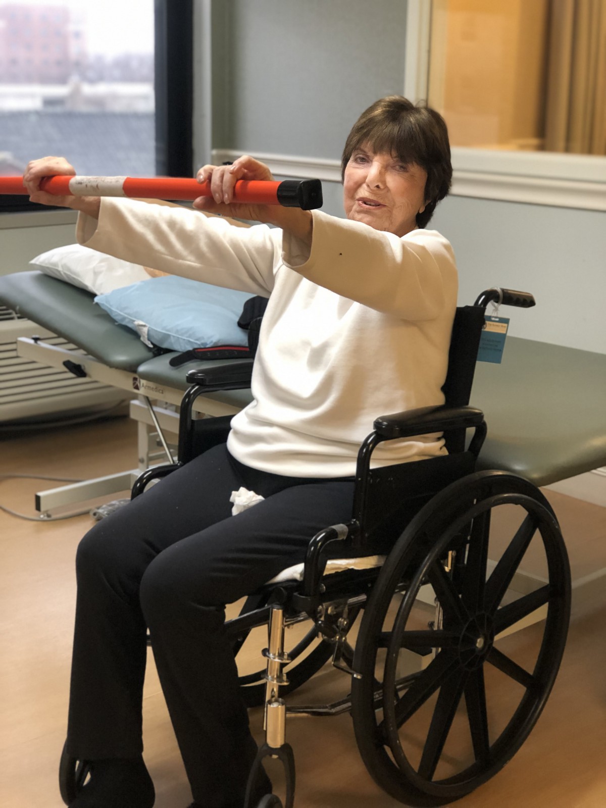 A person in a wheelchair performing an exercise with a resistance bar in a therapy room.