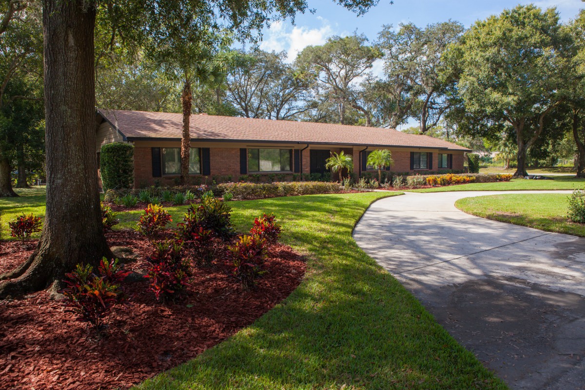 A single-story brick house with a curved driveway and lush landscaping on a sunny day.