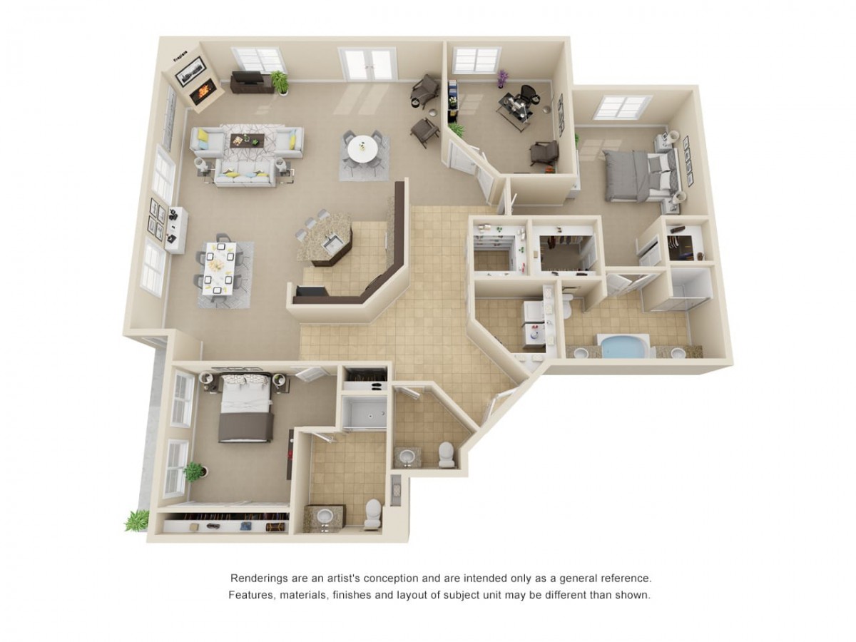 A 3D floor plan showing a spacious apartment layout with multiple rooms and modern furnishings.