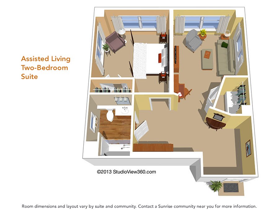 3D floor plan of a one-bedroom assisted living apartment.