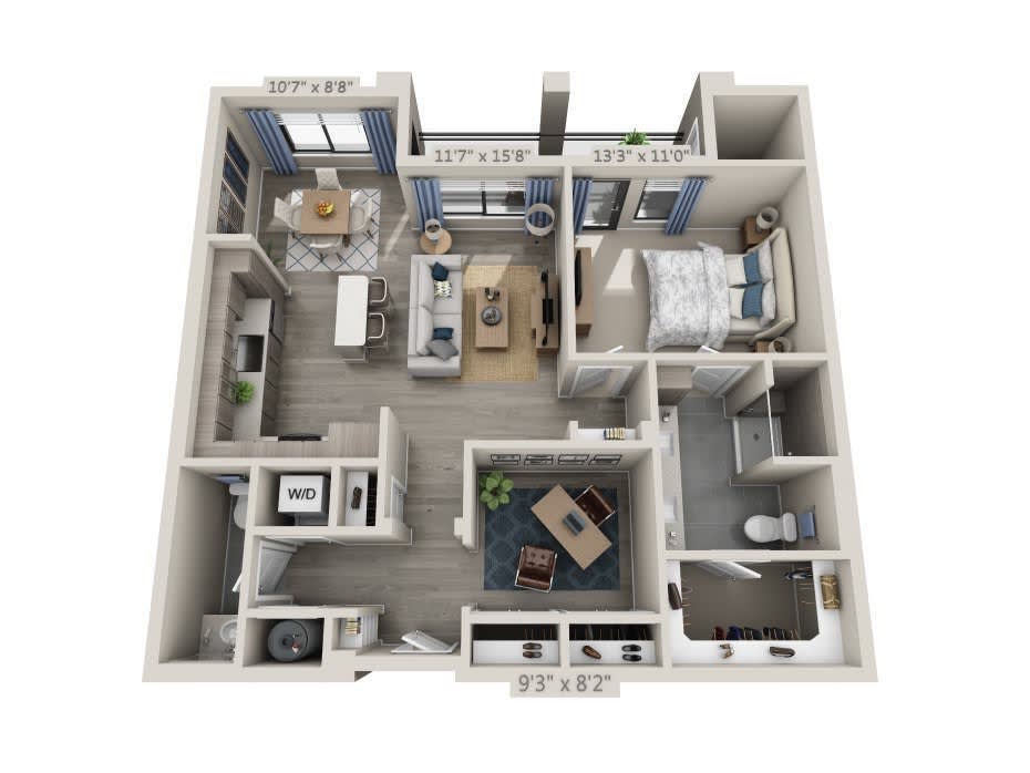 A 3D rendered floor plan of an apartment, showcasing the layout and interior design.
