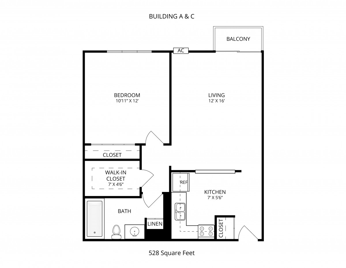 Floor plan of a one-bedroom apartment with a balcony and walk-in closet.
