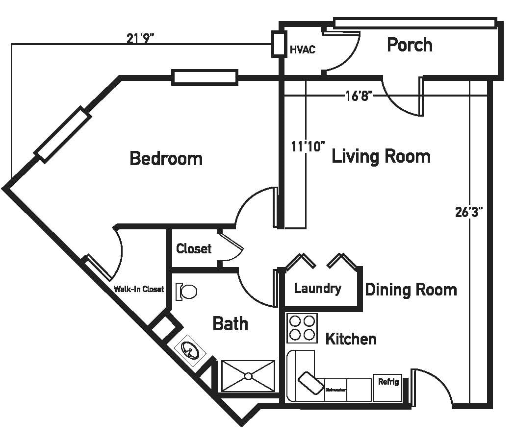 A floor plan of a one-bedroom apartment with a living room, kitchen, dining room, bathroom, and porch.
