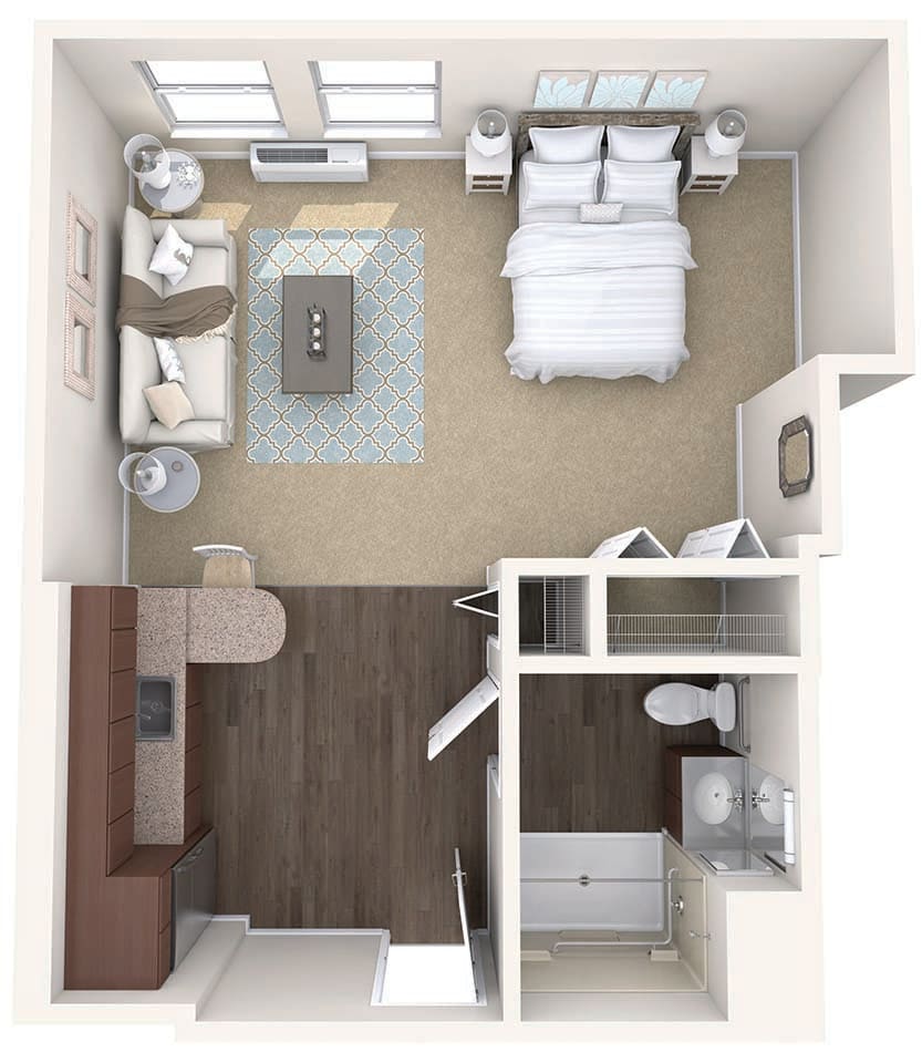 A top-down view of a studio apartment floor plan showing the layout of a bedroom, living room, kitchen, and bathroom.
