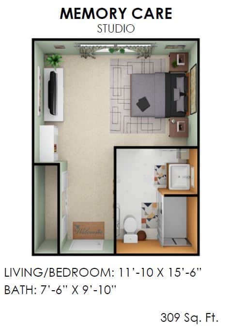 A compact studio apartment floor plan combining a living area and bedroom.