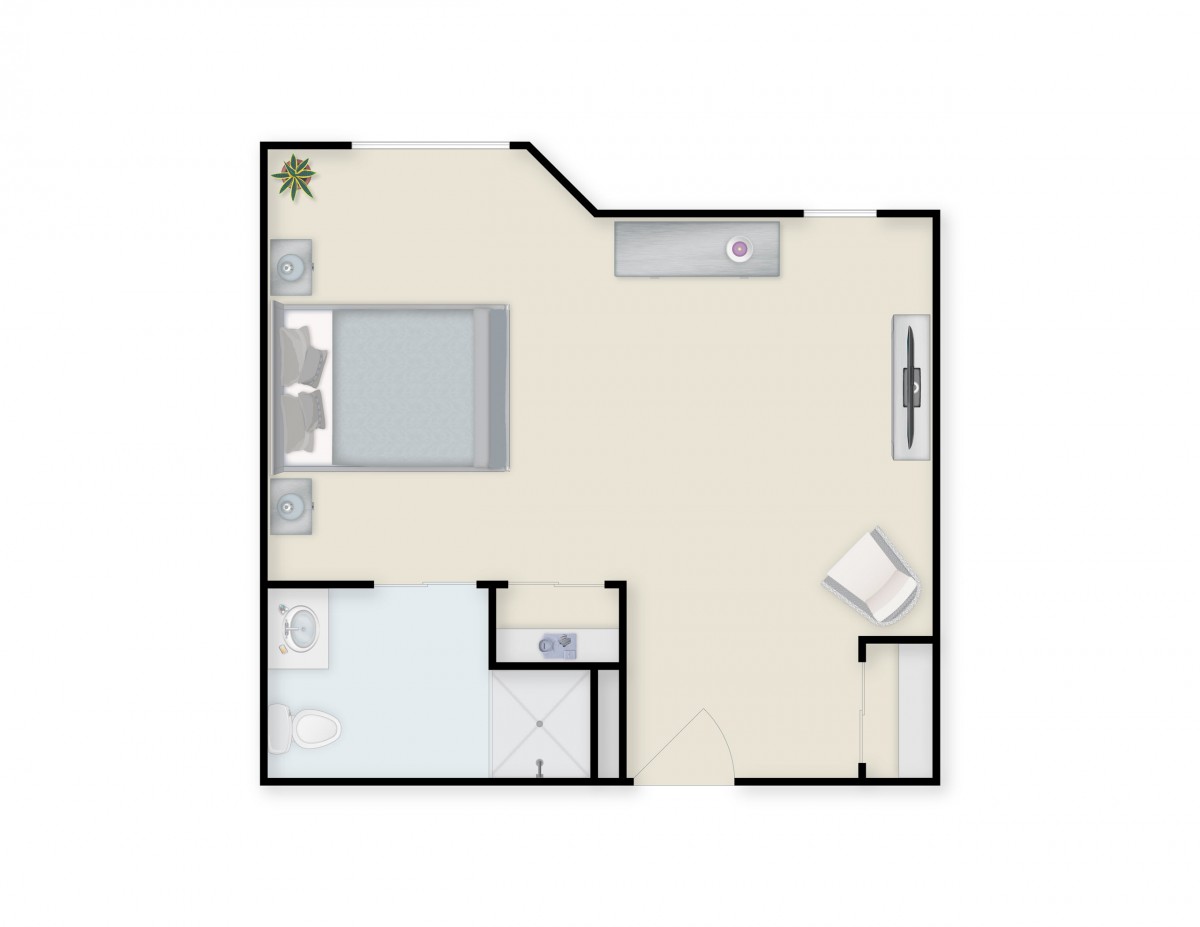 A floor plan of a one-bedroom apartment with an open living area.