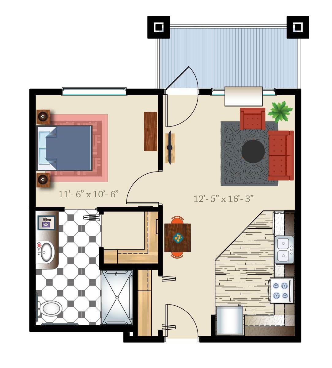 A floor plan of a one-bedroom apartment featuring a living room, kitchen, bathroom, and bedroom.