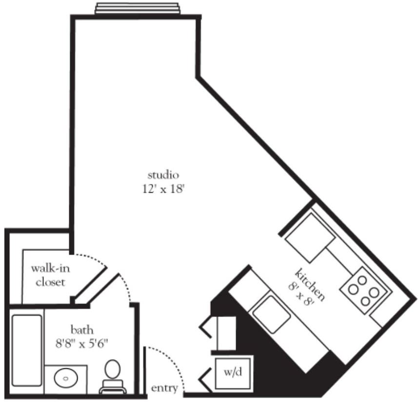Floor plan of a studio apartment with labeled kitchen, bath, and walk-in closet areas.