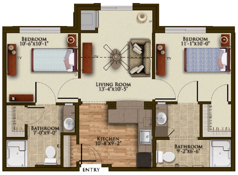 A floor plan of a two-bedroom apartment with a living room, kitchen, and two bathrooms.