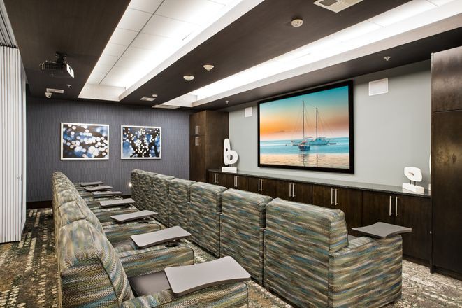 A modern home theater with comfortable seating and a large screen.