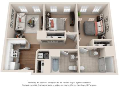 A 3D rendered floor plan of a two-bedroom apartment with labeled furnishings and spaces.