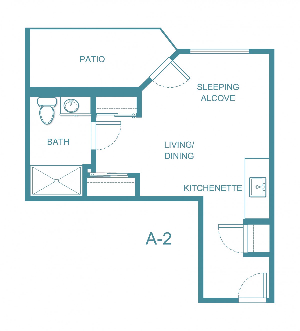 Studio apartment floor plan featuring a sleeping alcove and patio.