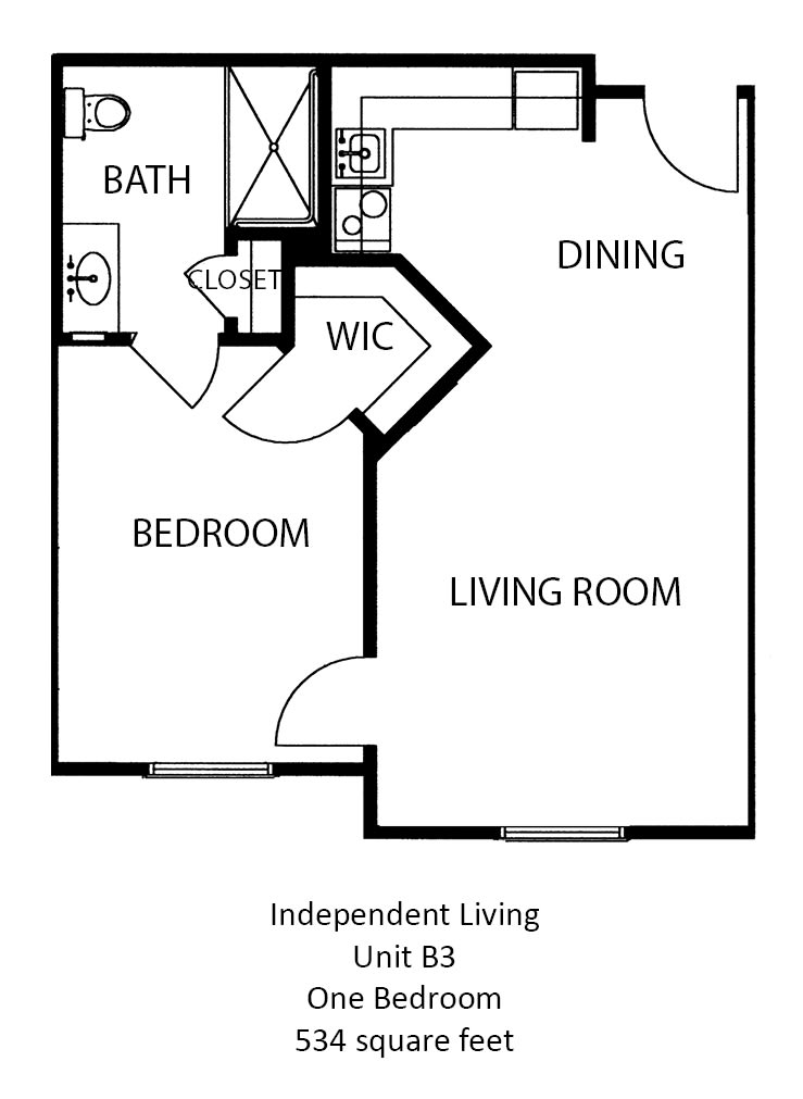 A floor plan of a one-bedroom apartment featuring a living room, dining area, bathroom, and closet.