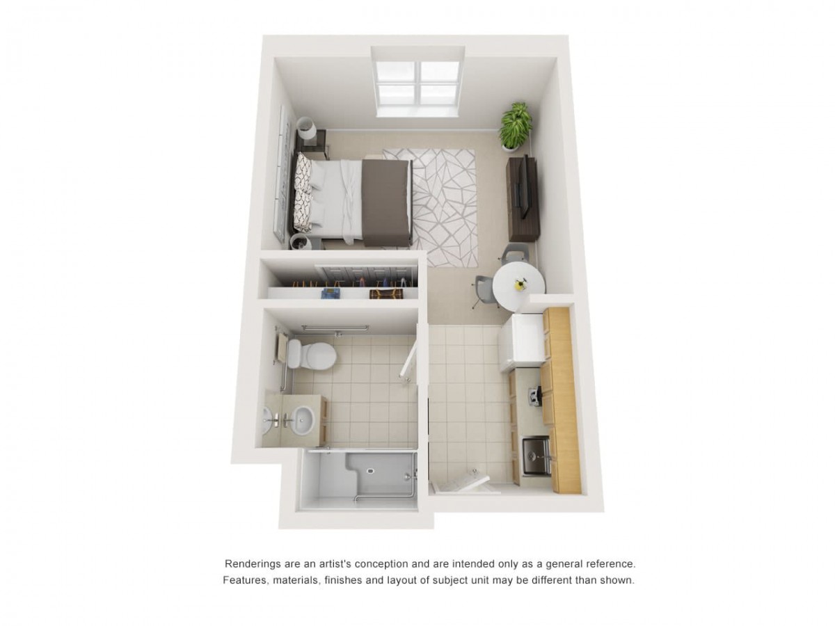 A 3D floor plan of a compact studio apartment featuring a bedroom area, bathroom, and combined living and kitchen space.