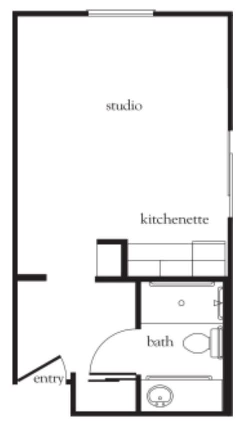 A floor plan of a studio apartment with a kitchenette.