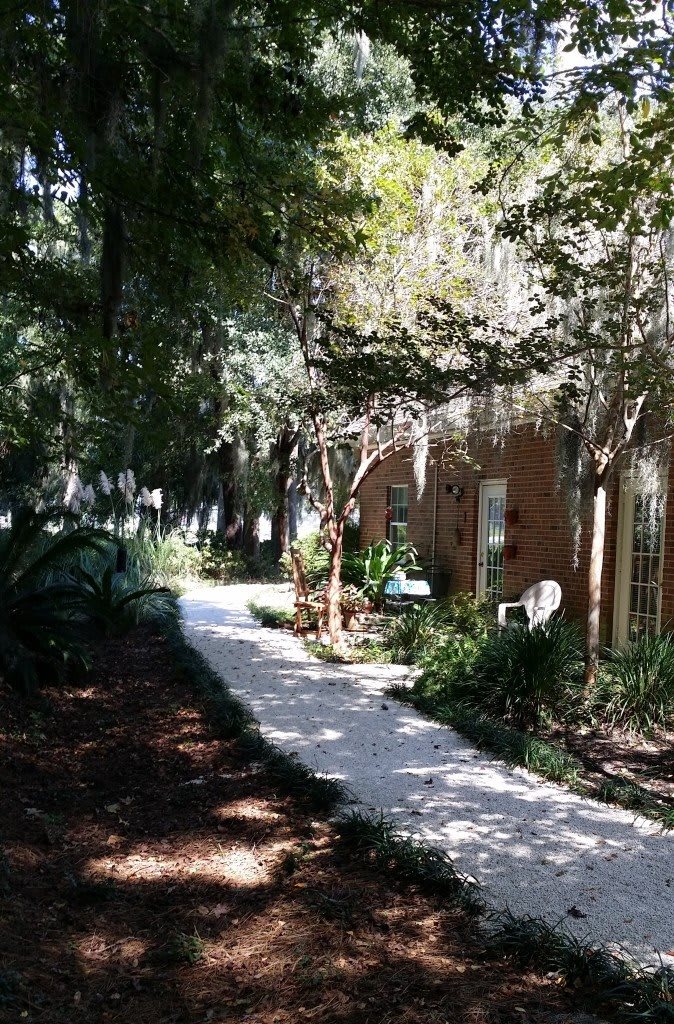 A serene garden pathway shaded by trees.