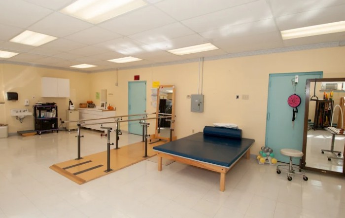 A physical therapy room equipped with rehabilitation tools and exercise equipment.