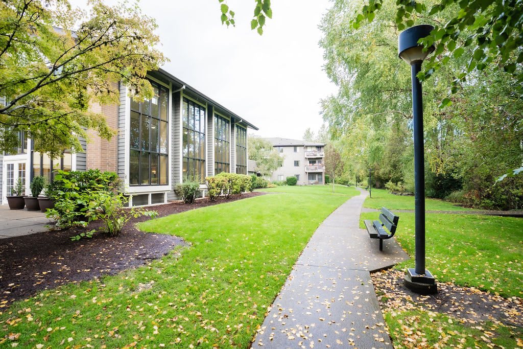 A scenic view of a pathway lined with green lawns and trees beside modern buildings.