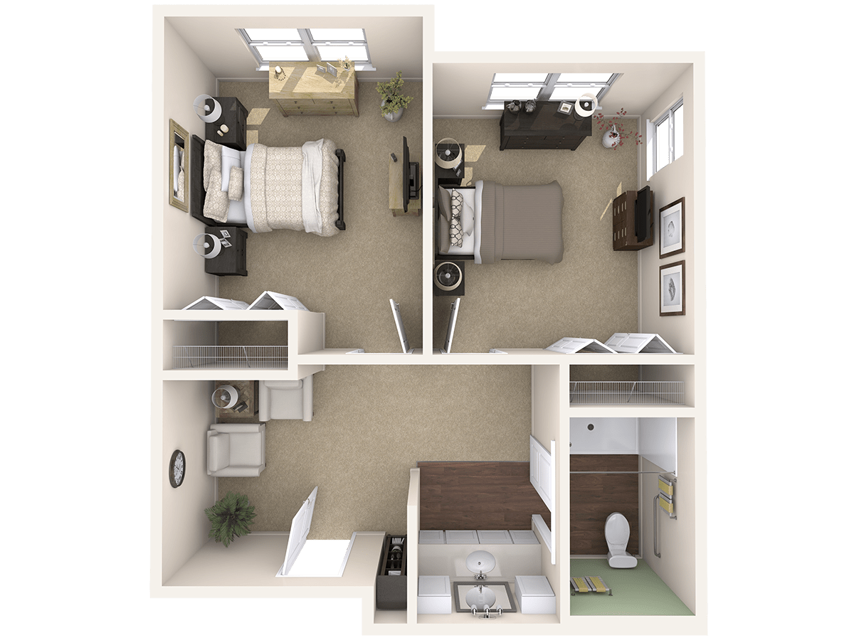 A 3D rendering of a two-bedroom apartment floor plan.