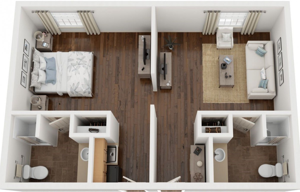 A top-down view of a two-bedroom apartment floor plan with living rooms and bathroom.