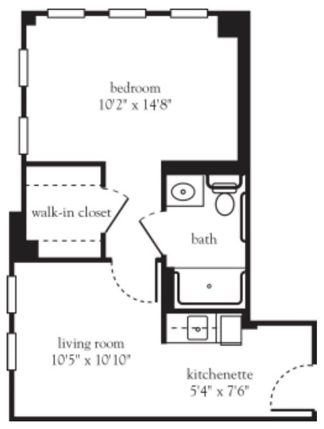 A floor plan of an apartment featuring a bedroom, bathroom, living room, walk-in closet, and kitchenette.